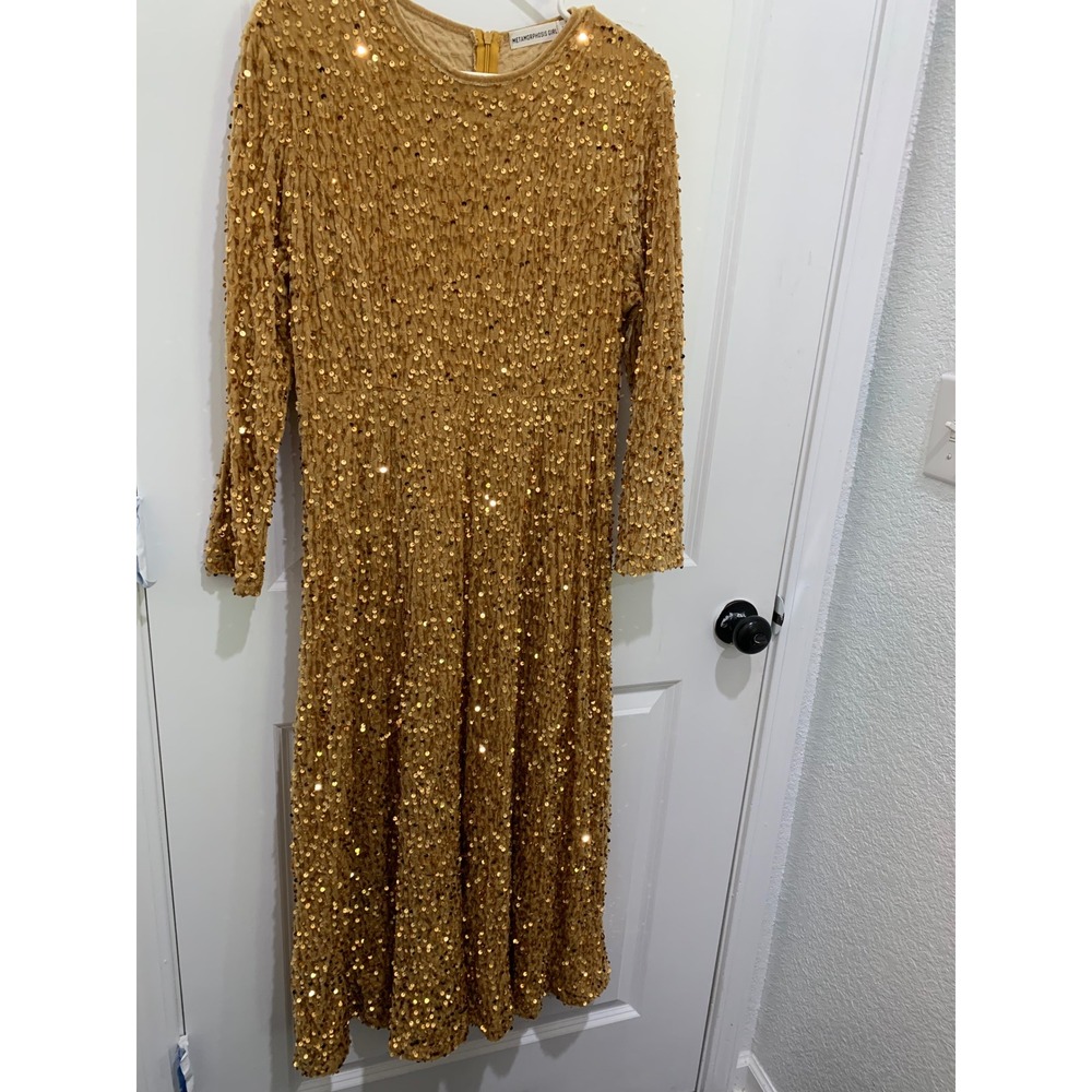 Metamorphosis Girl Gold Sequin Long Sleeve Midi Dress Large Formal Evening Party